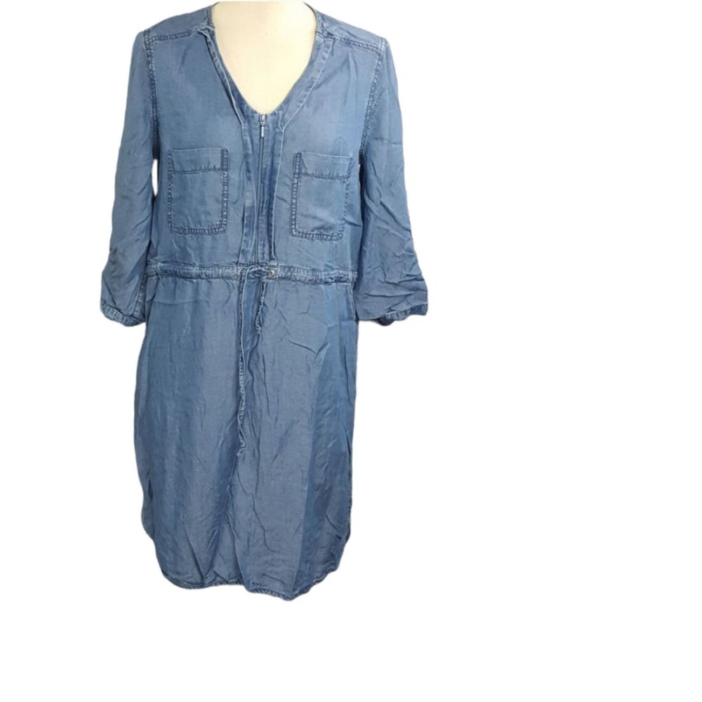 Thyme Women sz M maternity jeans dress 3/4 sleeves adjustable drawstring